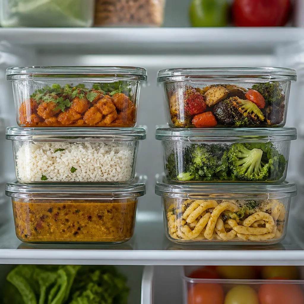 Leftover meals stacked in the fridge