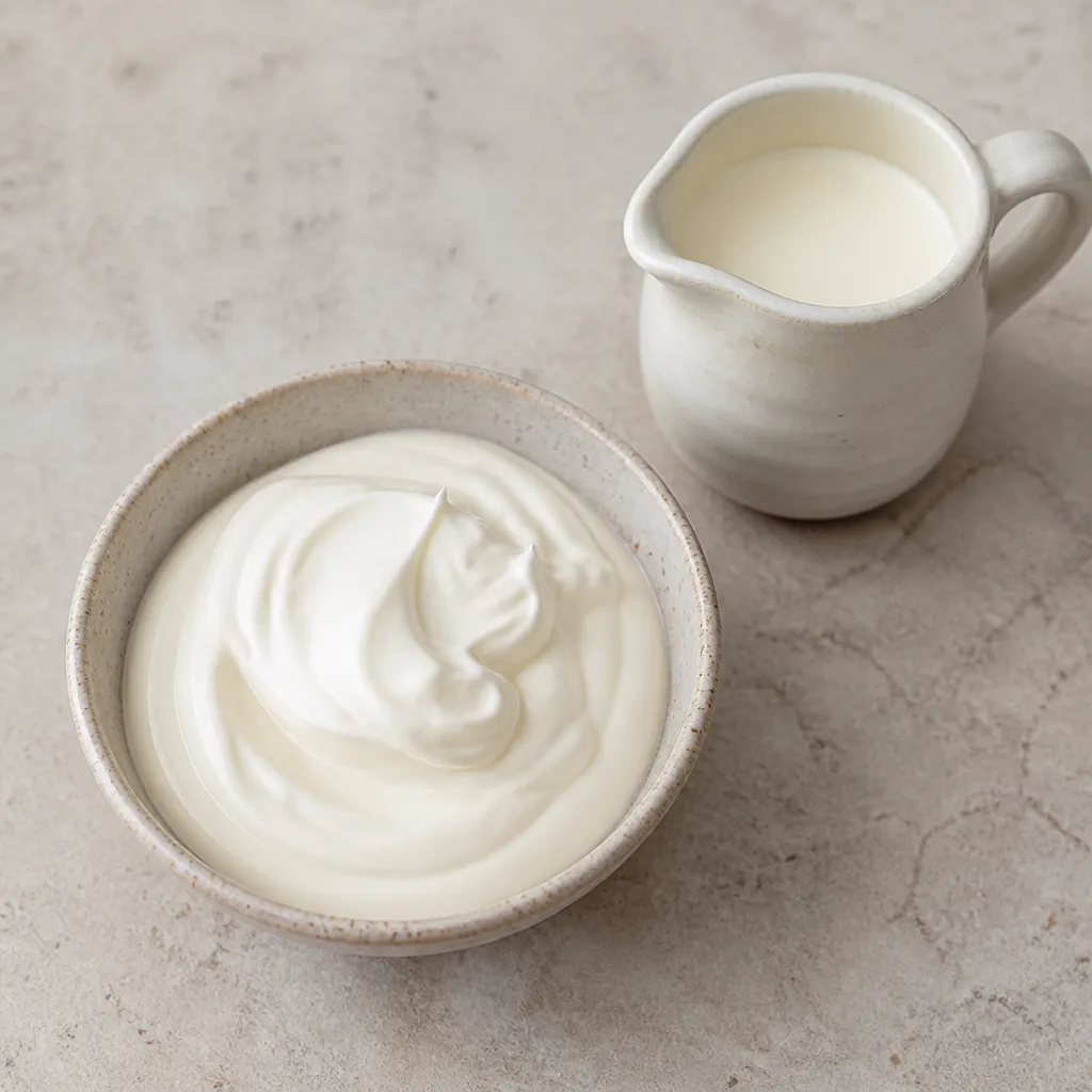 Creme fraiche beside a jug of cream
