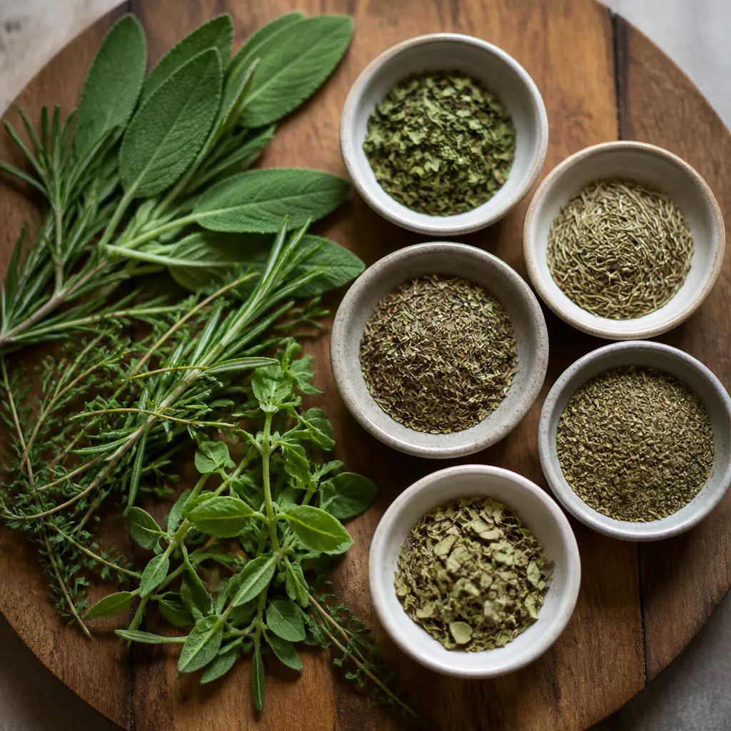 Fresh herbs beside bowls of dried herbs