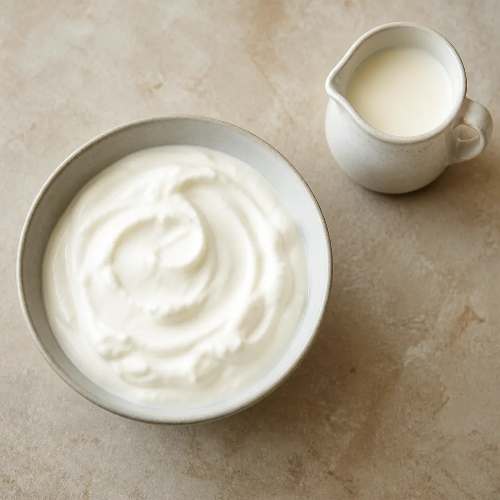 A bowl of Greek yogurt next to a jug of cream