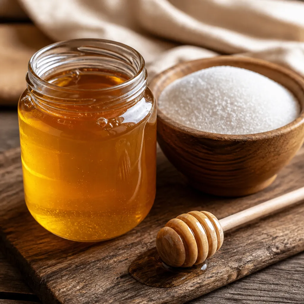 Runny honey beside a bowl of sugar