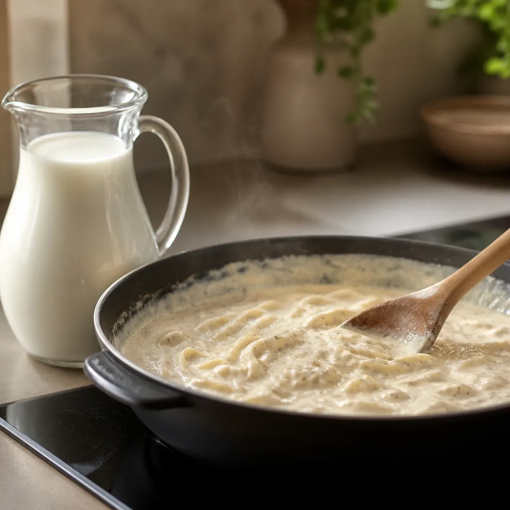Milk beside a pan of creamy pasta sauce
