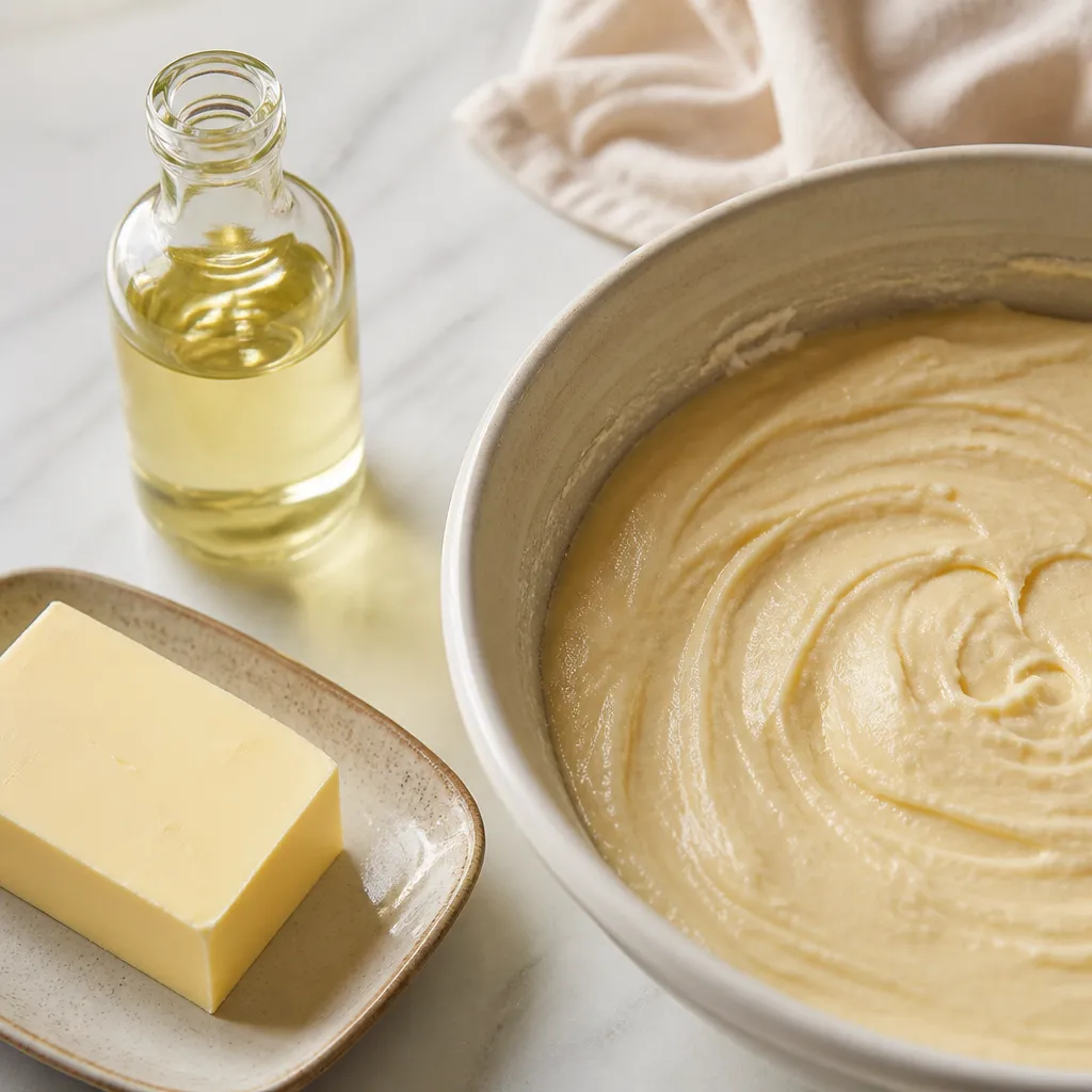 Oil and butter beside cake batter