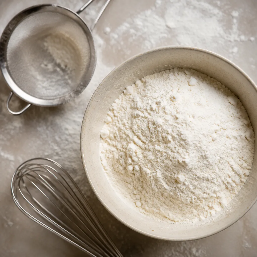 Flour with sieve and whisk on a worktop