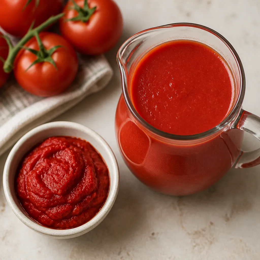 Tomato puree beside a jug of passata